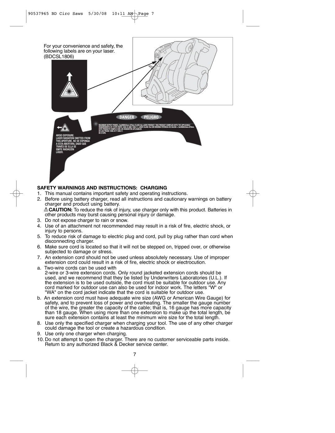 Black & Decker BDCS1806, 90537965, BDCS1807, BDCSL1806, BDCS2406, BDGCS1806 Safety Warnings and Instructions Charging 