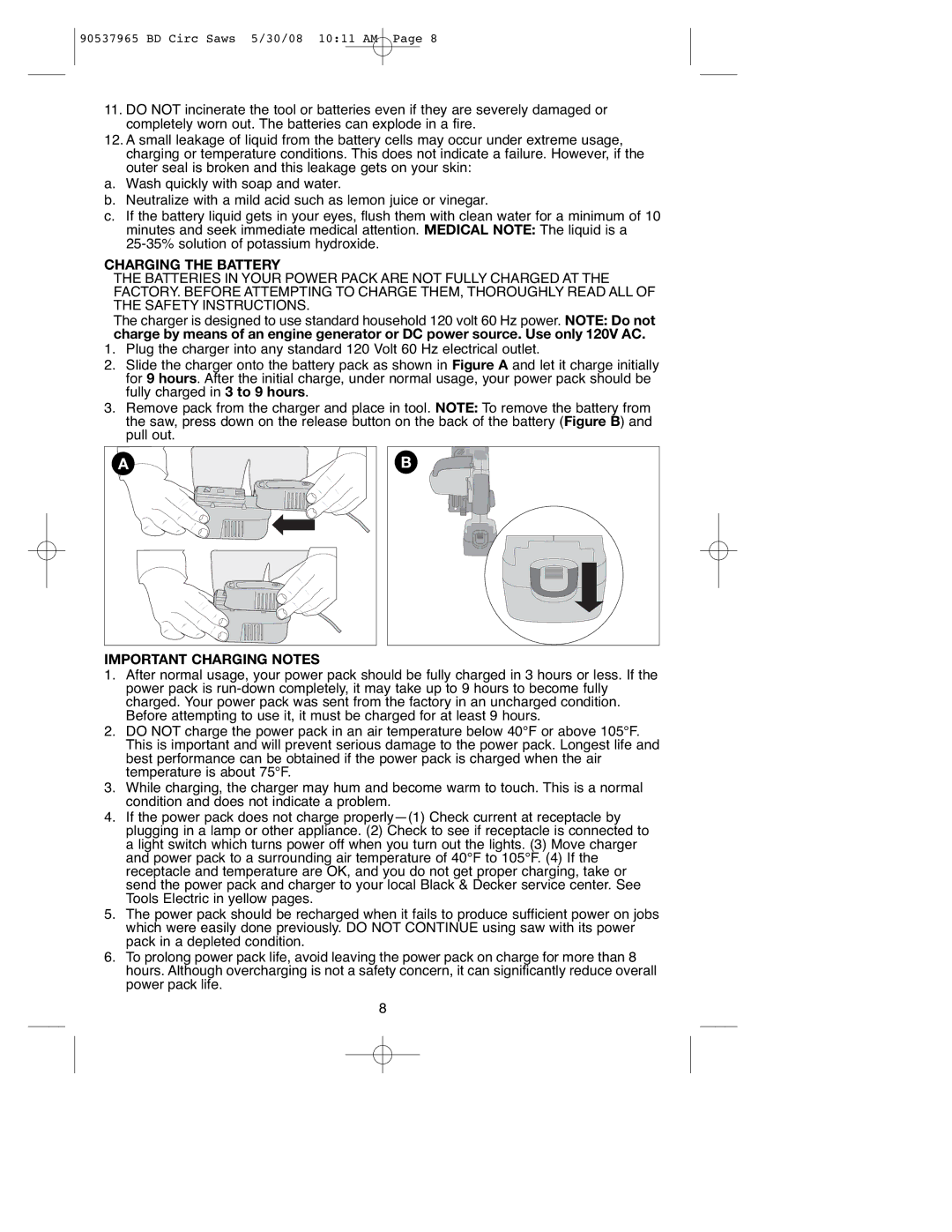 Black & Decker BDCS1807, 90537965, BDCS1806, BDCSL1806, BDCS2406, BDGCS1806 Charging the Battery, Important Charging Notes 