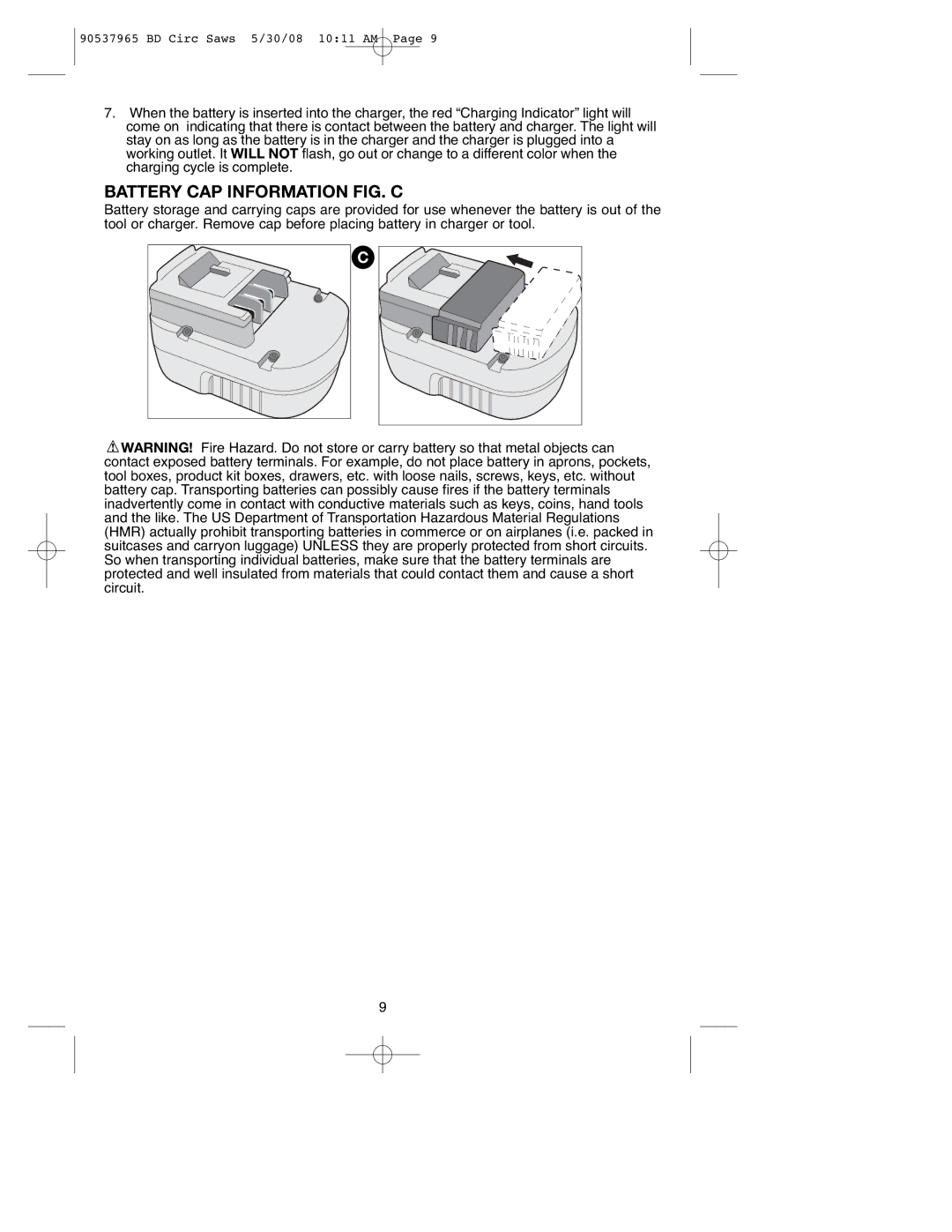 Black & Decker BDCSL1806, 90537965, BDCS1806, BDCS1807, BDCS2406, BDGCS1806 instruction manual Battery CAP Information FIG. C 