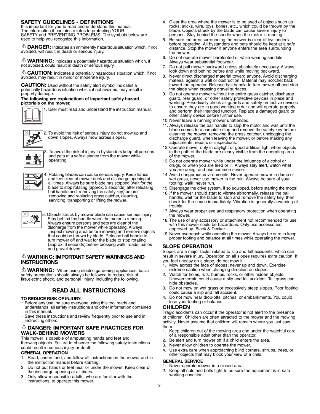 Black & Decker 90541667 instruction manual Read ALL Instructions, Safety Guidelines Definitions, Slope Operation, Children 