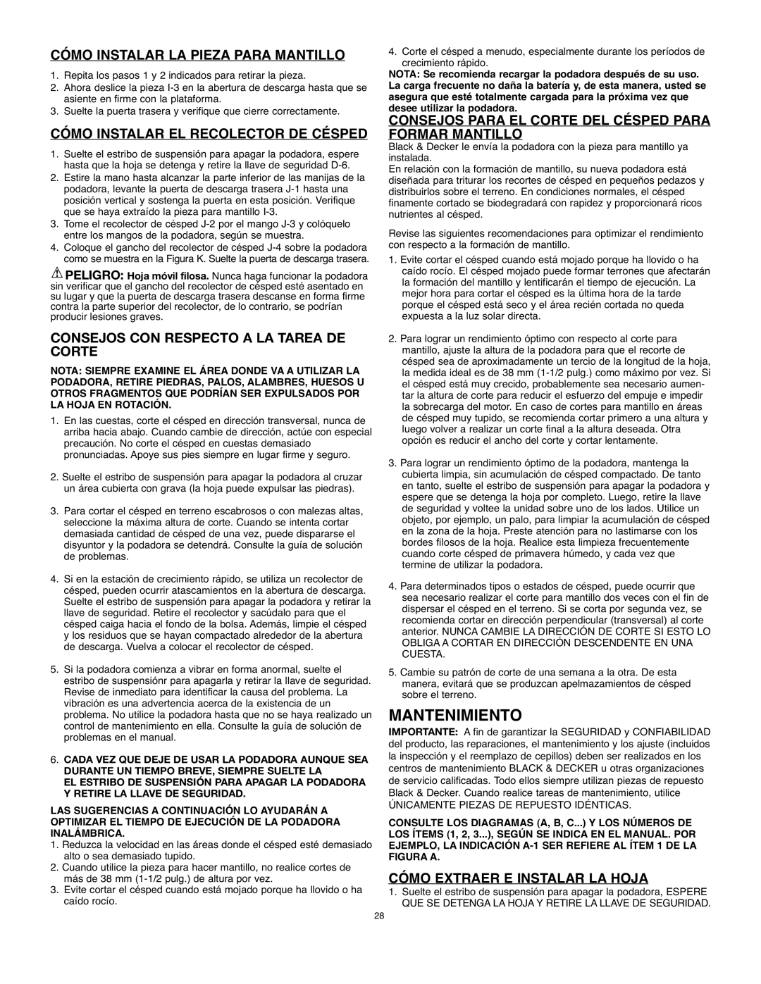 Black & Decker 90541667 Mantenimiento, Cómo Instalar LA Pieza Para Mantillo, Cómo Instalar EL Recolector DE Césped 