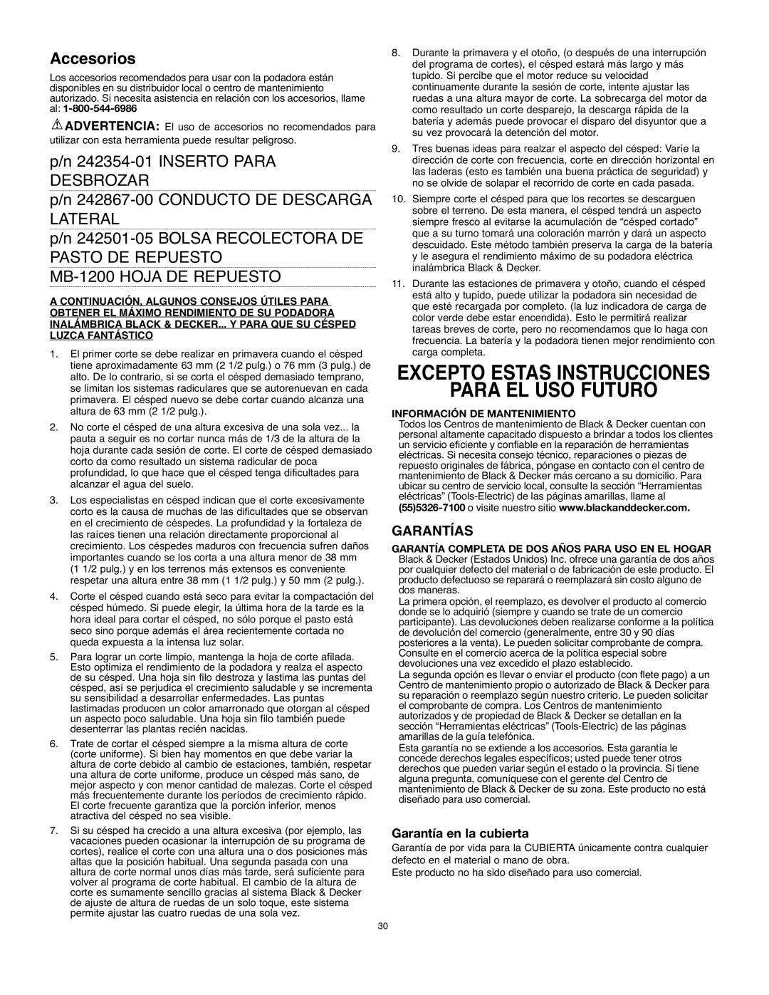 Black & Decker 90541667 Excepto Estas Instrucciones Para EL USO Futuro, Garantías, Información DE Mantenimiento 