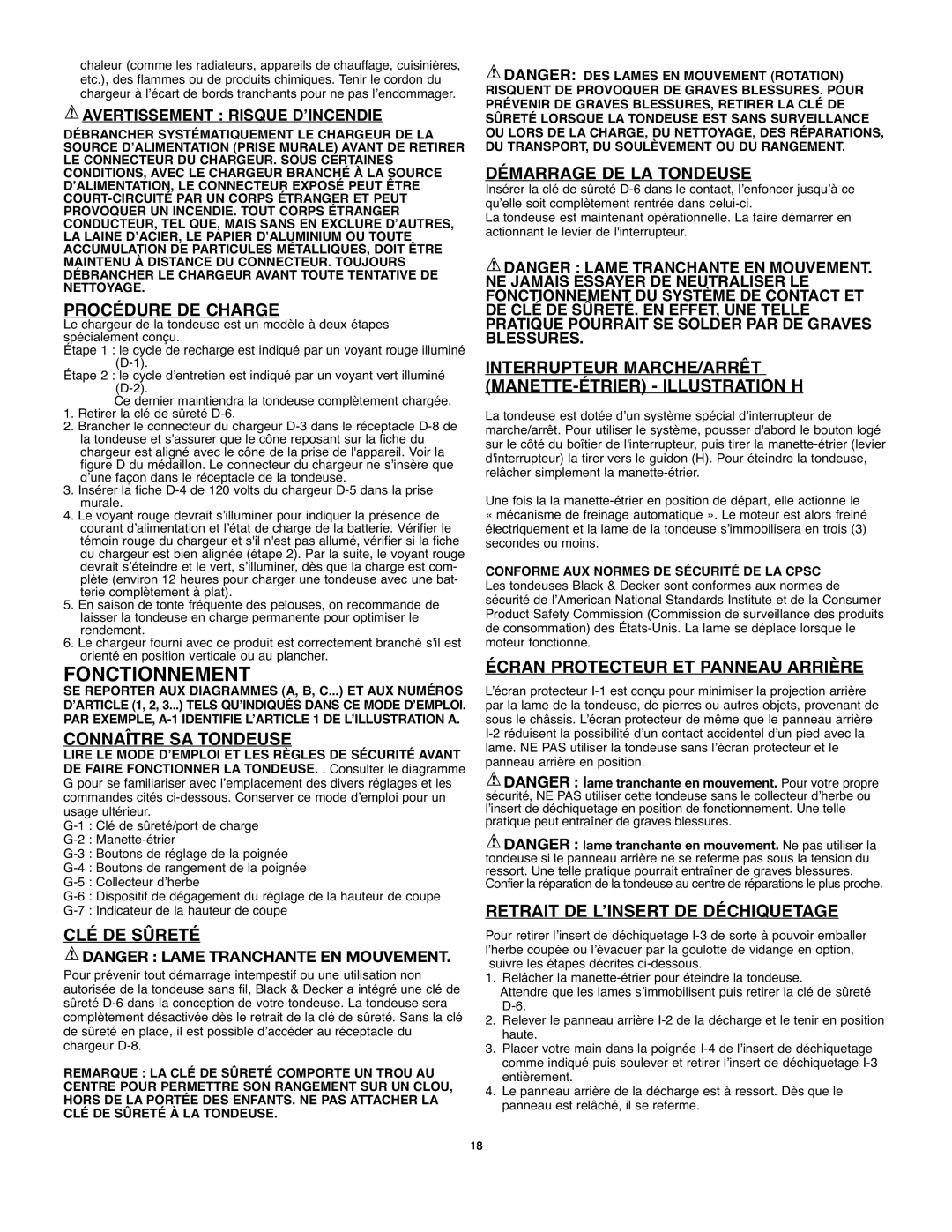 Black & Decker 90541667 instruction manual Fonctionnement, Procédure De Charge, Connaître Sa Tondeuse, Clé De Sûreté 