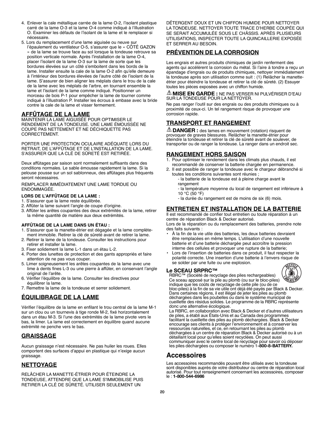 Black & Decker 90541667 Accessoires, Affûtage De La Lame, Équilibrage De La Lame, Graissage, Nettoyage, Le SCEAU SRPRC 