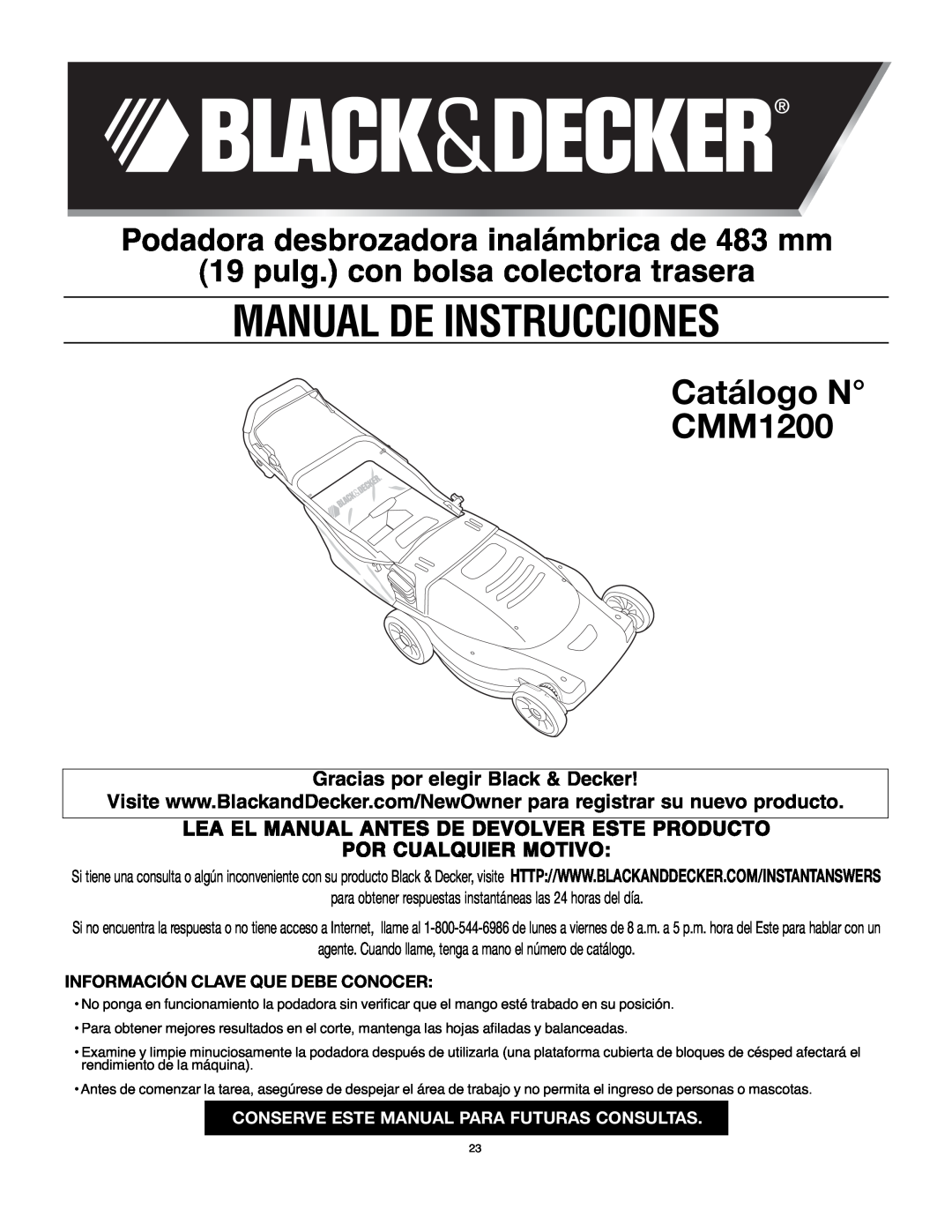 Black & Decker 90541667 Manual De Instrucciones, Catálogo N CMM1200, Podadora desbrozadora inalámbrica de 483 mm 