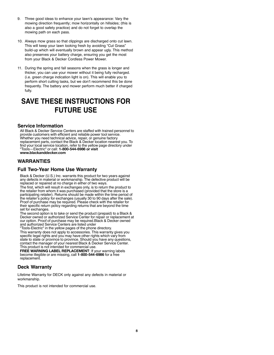 Black & Decker 90541667 instruction manual Save These Instructions For Future Use, Service Information, Deck Warranty 