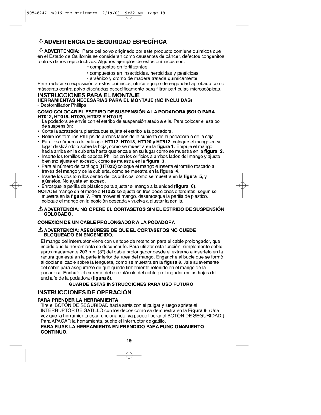 Black & Decker 90548247 Advertencia DE Seguridad Específica, Instrucciones Para EL Montaje, Instrucciones DE Operación 