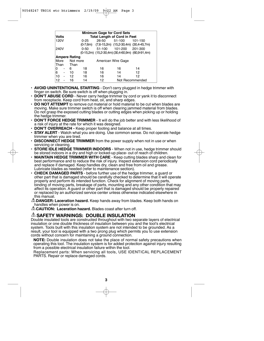 Black & Decker 90548247 instruction manual Safety Warnings Double Insulation, Volts Total Length of Cord in Feet 