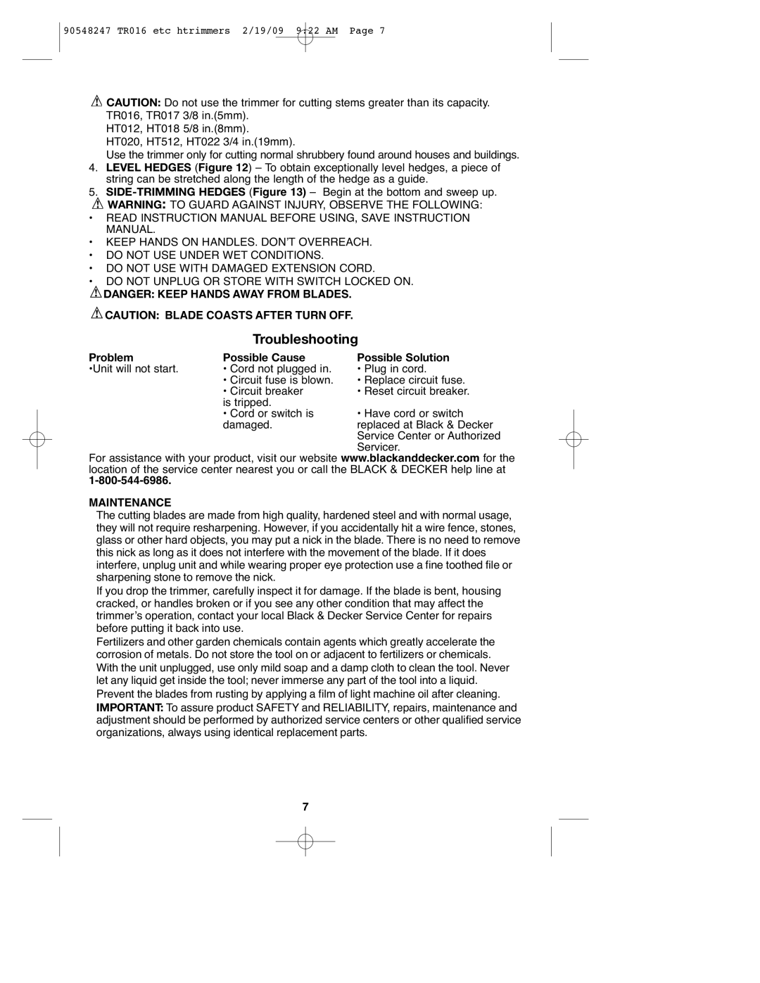 Black & Decker 90548247 instruction manual Troubleshooting 