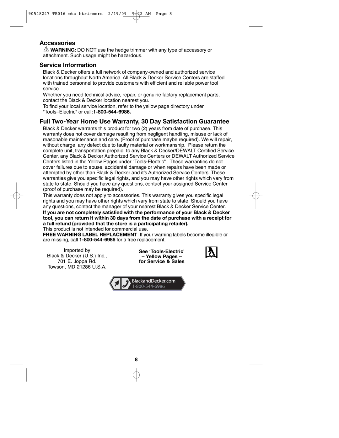 Black & Decker 90548247 instruction manual Accessories Service Information 