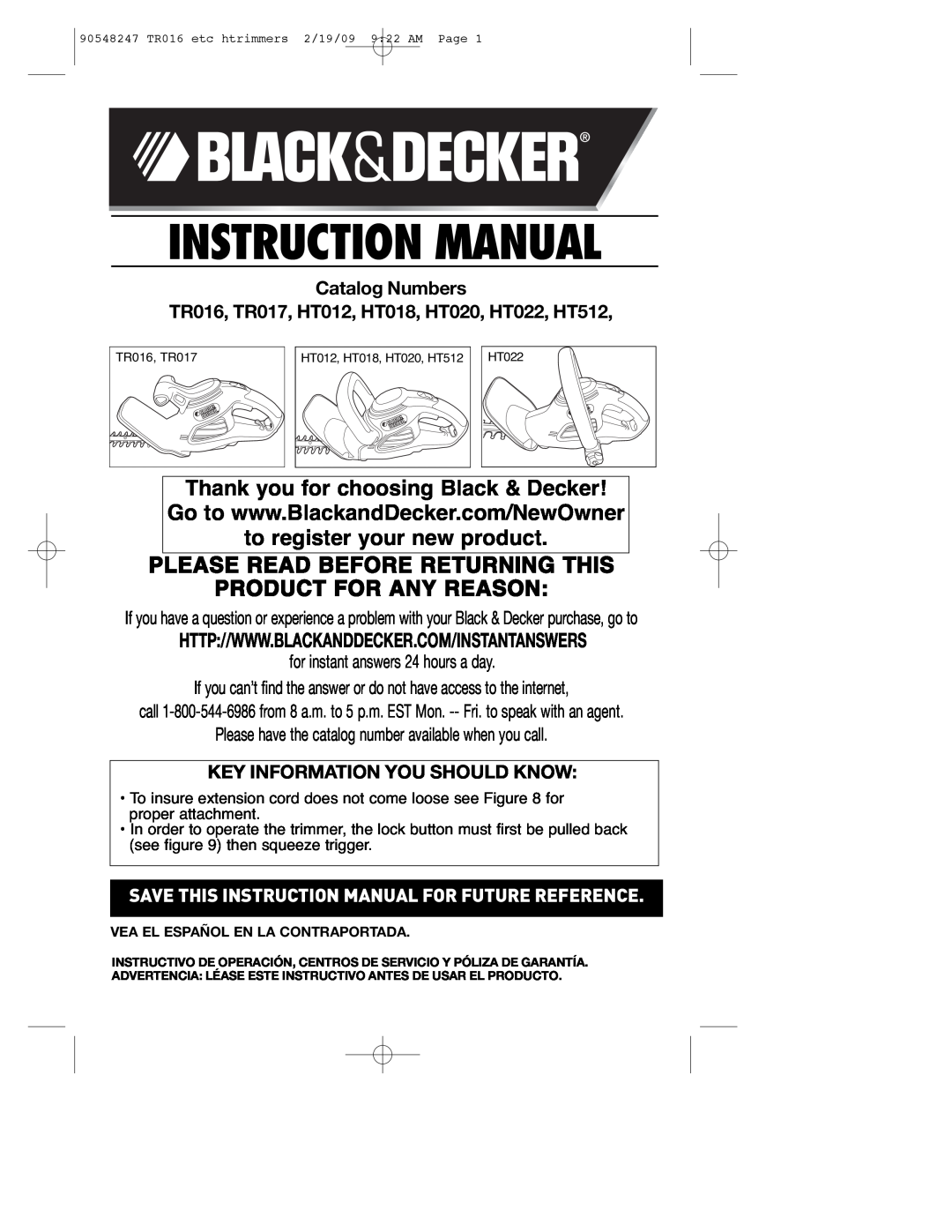 Black & Decker 90548247 instruction manual Instruction Manual, Please Read Before Returning This, Product For Any Reason 