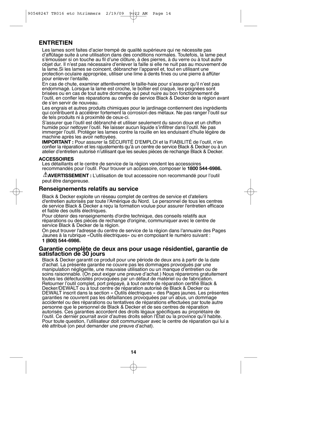 Black & Decker 90548247 instruction manual Entretien, Renseignements relatifs au service, Accessoires, 1 800 