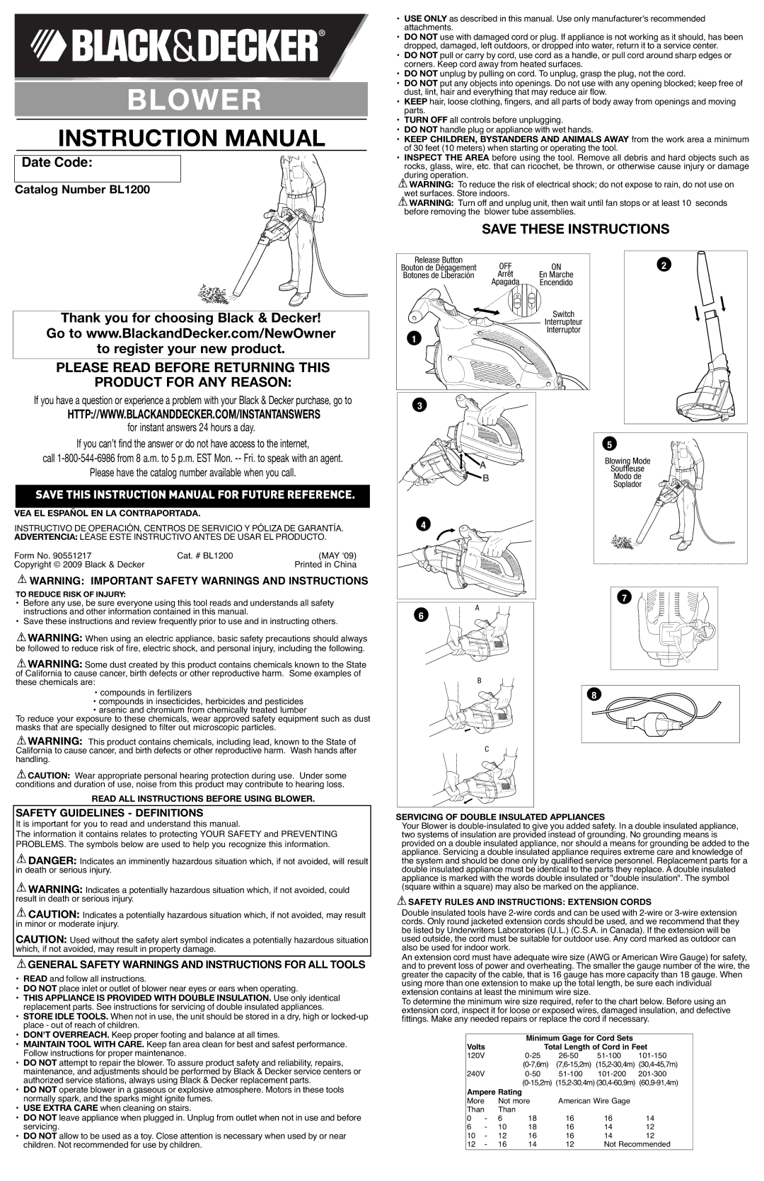 Black & Decker BL1200 instruction manual VEA EL Español EN LA Contraportada, Read ALL Instructions Before Using Blower 