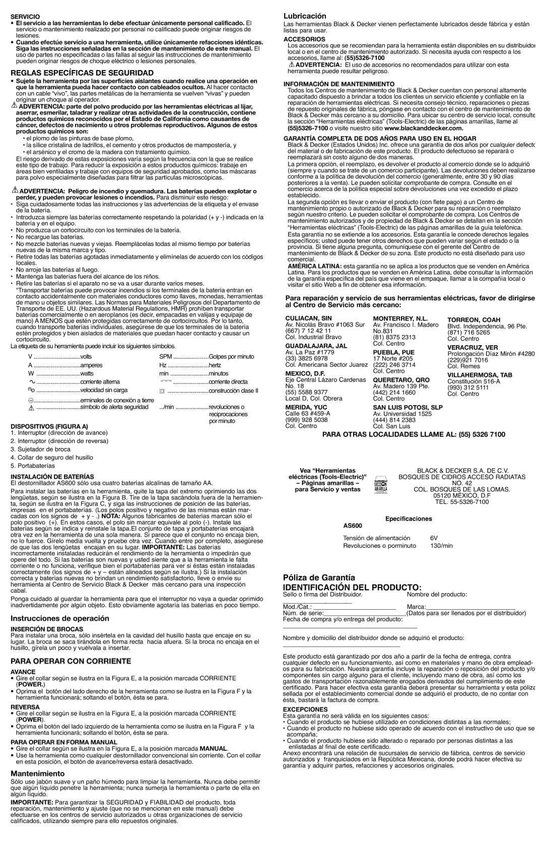 Black & Decker 90555829 Reglas Específicas DE Seguridad, Lubricación, Instrucciones de operación, Mantenimiento 