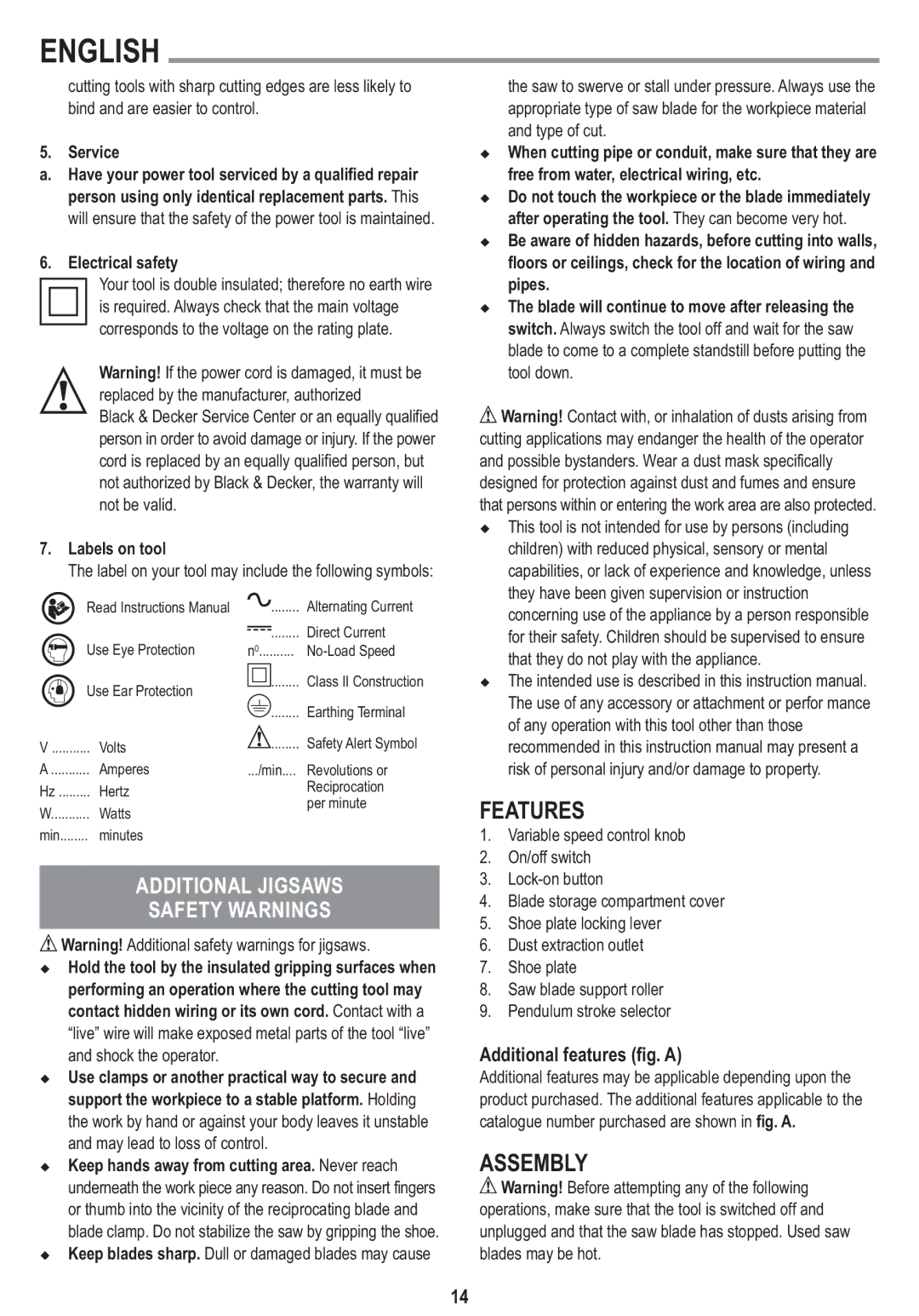 Black & Decker 90557135, KS650K instruction manual Features, Assembly, Additional features fig. a, Service, Labels on tool 