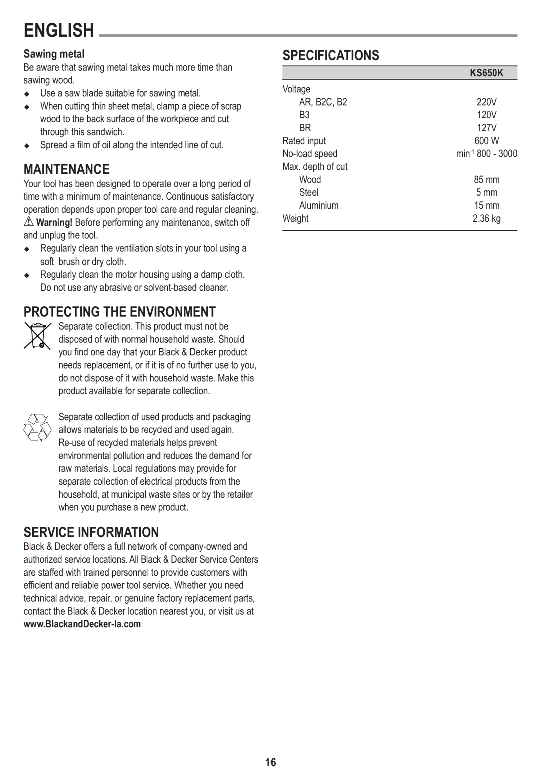 Black & Decker 90557135, KS650K Maintenance, Protecting the Environment, Service Information Specifications, Sawing metal 