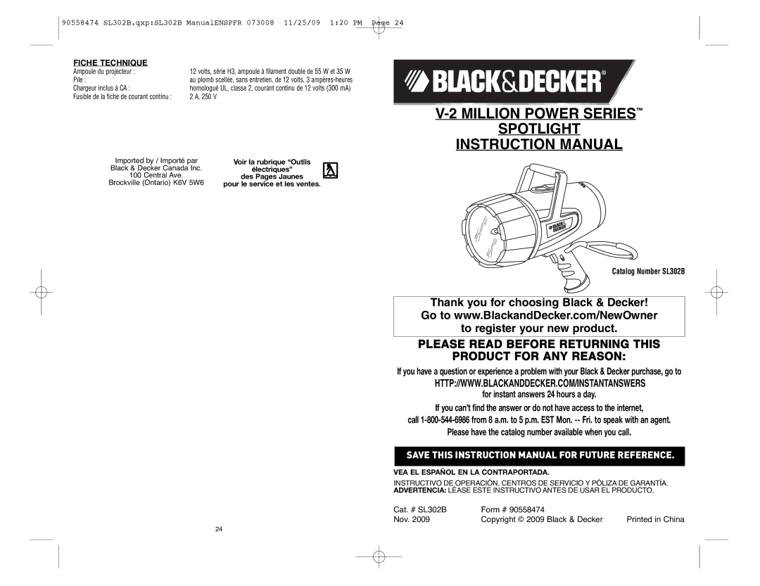 Black & Decker SL302B, 90558474 instruction manual Fiche Technique, Ampoule du projecteur, Pile, Chargeur inclus à CA, 250 