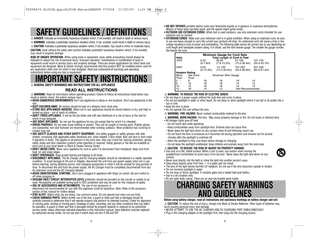 Black & Decker V-2 Million, SL302B Charging Safety Warnings Guidelines, Read ALL Instructions, Minimum Gauge for Cord Sets 