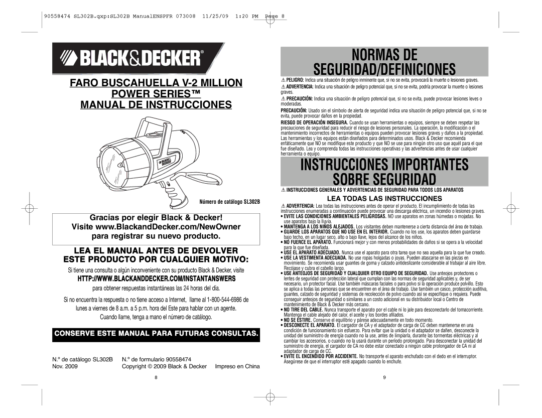 Black & Decker V-2 Million, 90558474, SL302B Normas DE SEGURIDAD/DEFINICIONES, Instrucciones Importantes Sobre Seguridad 