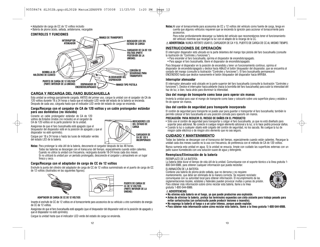 Black & Decker SL302B, 90558474 Controles Y Funciones, Instrucciones DE Operación, Carga Y Recarga DEL Faro Buscahuella 