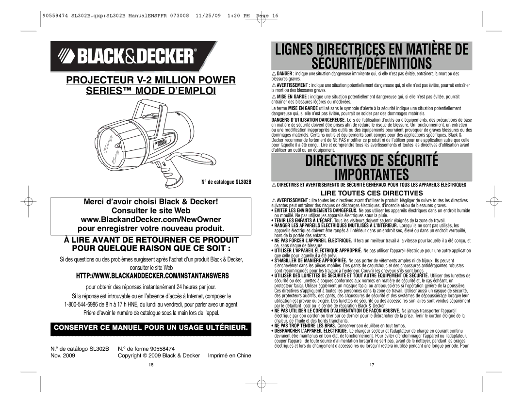 Black & Decker 90558474, SL302B Lignes Directrices EN Matière DE SÉCURITÉ/DÉFINITIONS, Directives DE Sécurité Importantes 