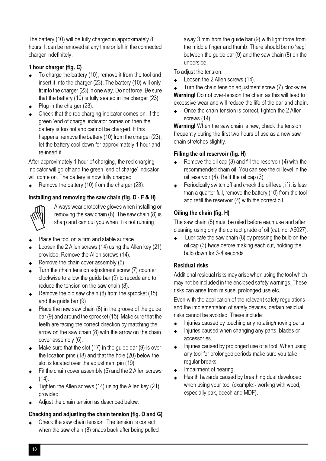 Black & Decker GKC1817P Hour charger fig. C, Installing and removing the saw chain fig. D F & H, Oiling the chain fig. H 