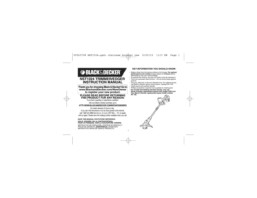 Black & Decker AF-100, 90563738, NST1024 instruction manual KEY Information YOU should Know 