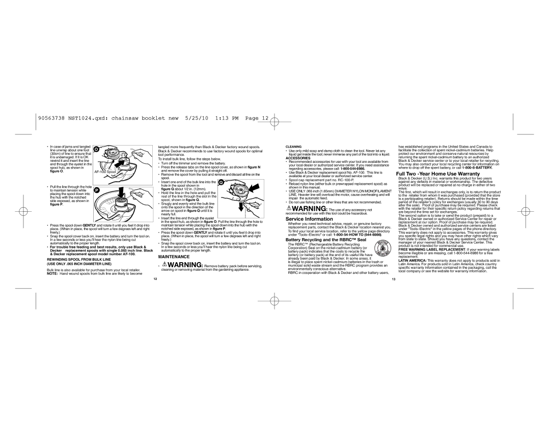 Black & Decker AF-100, 90563738, NST1024 instruction manual Maintenance, Battery Recycling and the Rbrc Seal, Accessories 