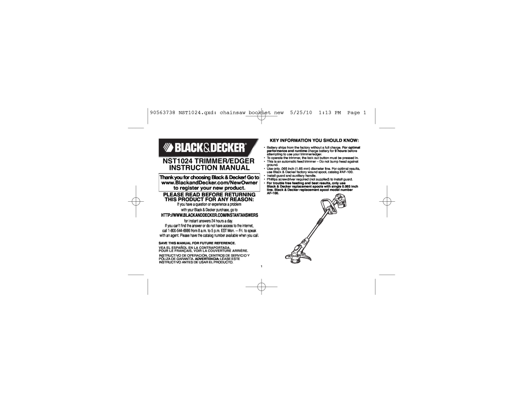Black & Decker instruction manual 90563738 NST1024.qxd chainsaw booklet new 5/25/10 113 PM Page, AF-100 
