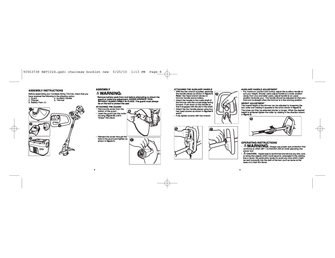 Black & Decker NST1024 Assembly Instructions, Operating Instructions, Attaching The Auxiliary Handle, Height Adjustment 