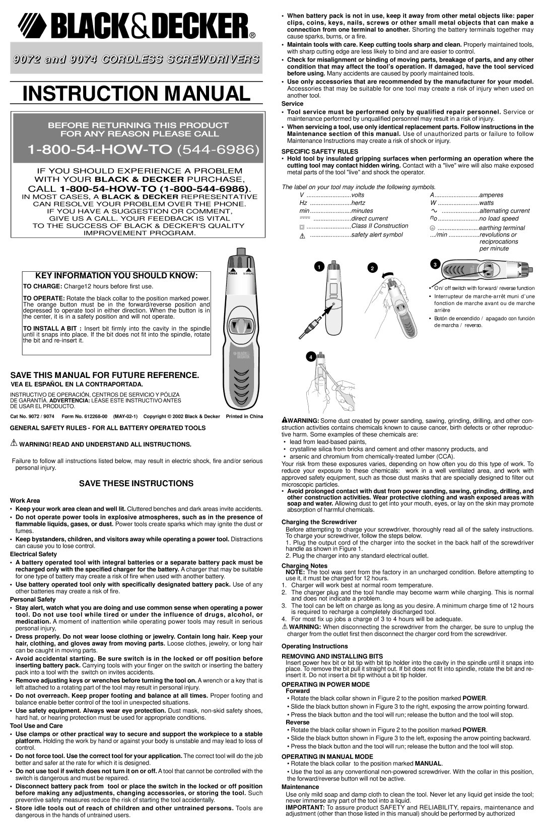 Black & Decker 9072, 9074 instruction manual Specific Safety Rules, Removing and Installing Bits, Operating in Power Mode 