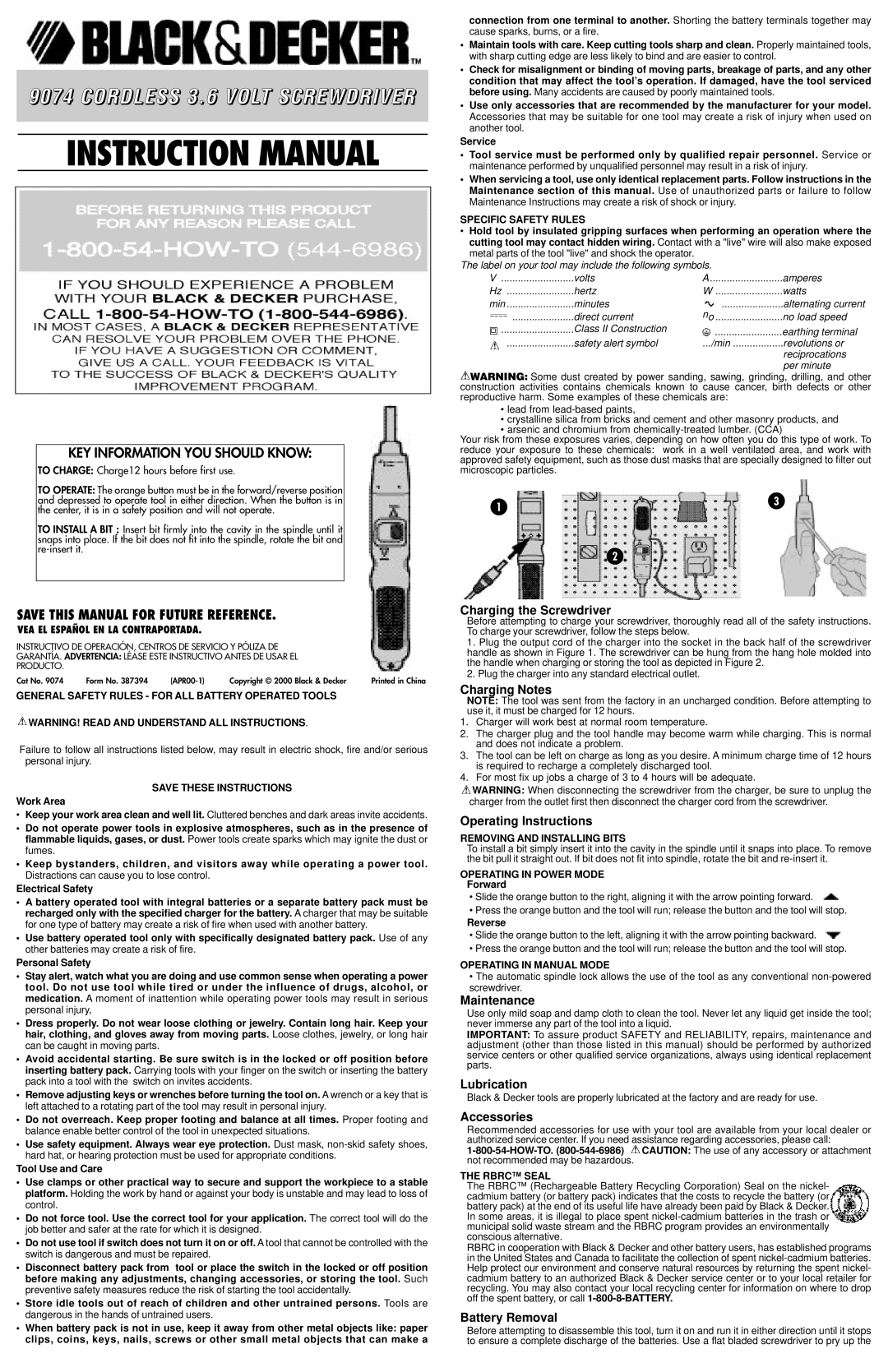 Black & Decker 9074CTN instruction manual Charging the Screwdriver, Charging Notes, Operating Instructions, Maintenance 