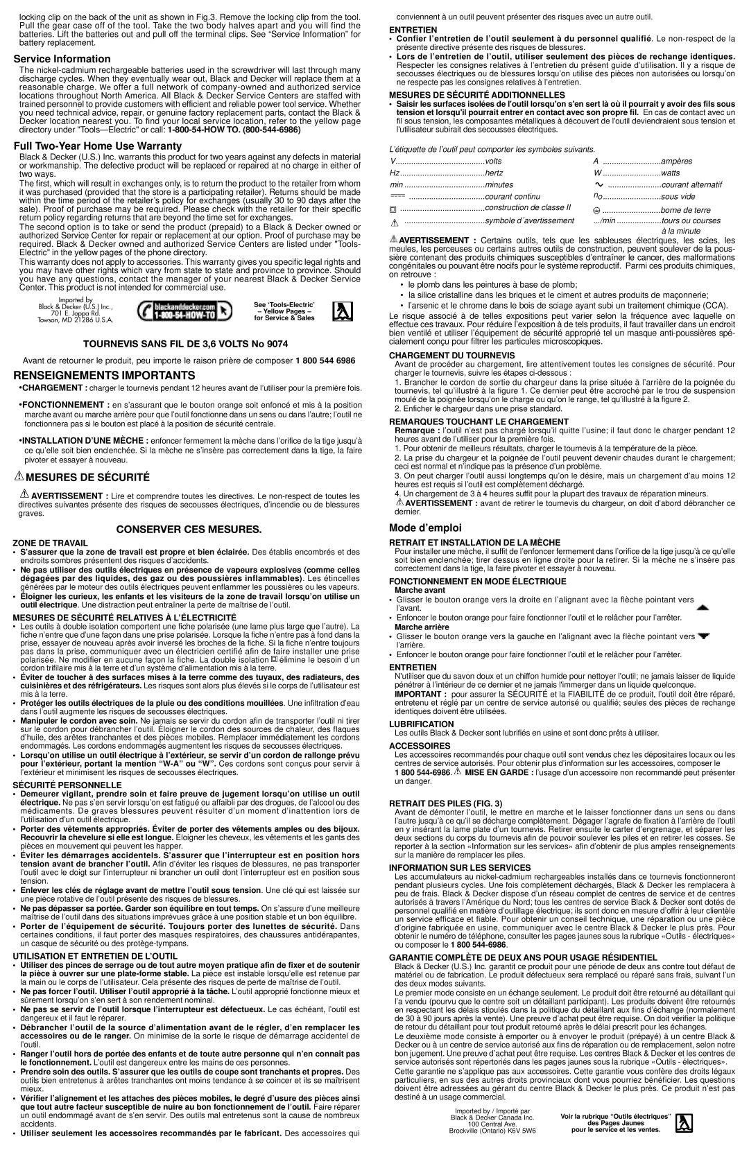 Black & Decker 9074CTN instruction manual Service Information, Full Two-Year Home Use Warranty, Mode d’emploi 