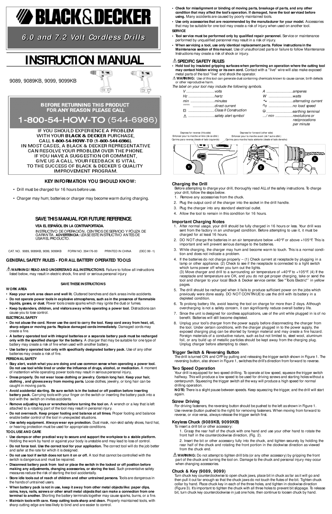 Black & Decker 9099KC instruction manual Charging the Drill, Important Charging Notes, Trigger Switch & Reversing Button 