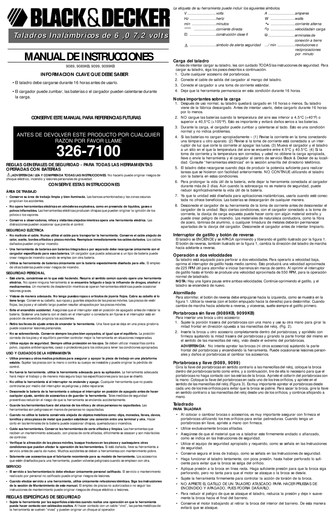 Black & Decker 9099KC Carga del taladro, Notas importantes sobre la carga, Interruptor de gatillo y botón de reversa 