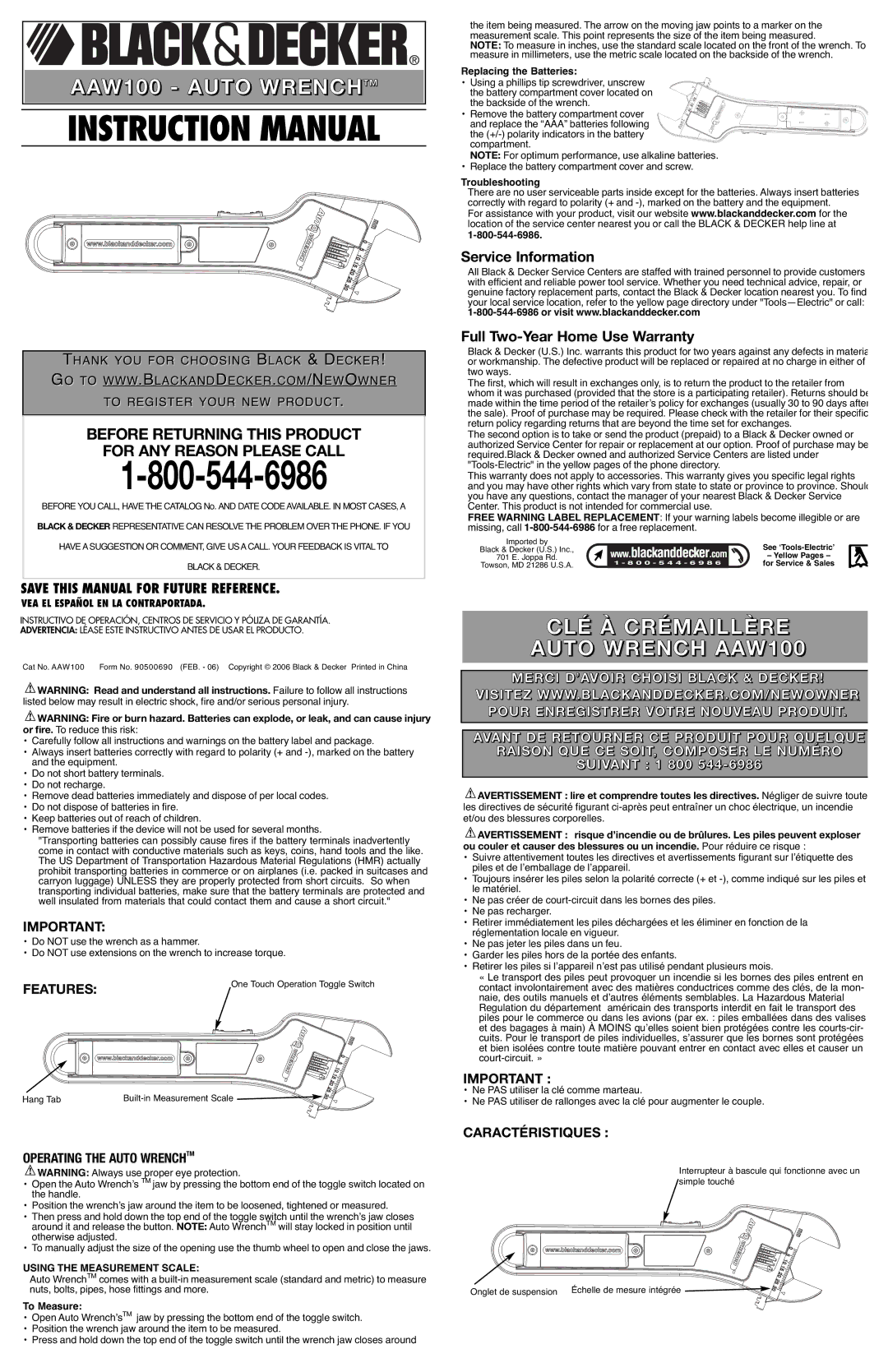 Black & Decker 90500690 instruction manual AAW100 Auto Wrenchtm, CLÉ À Crémaillère Auto Wrench AAW100 