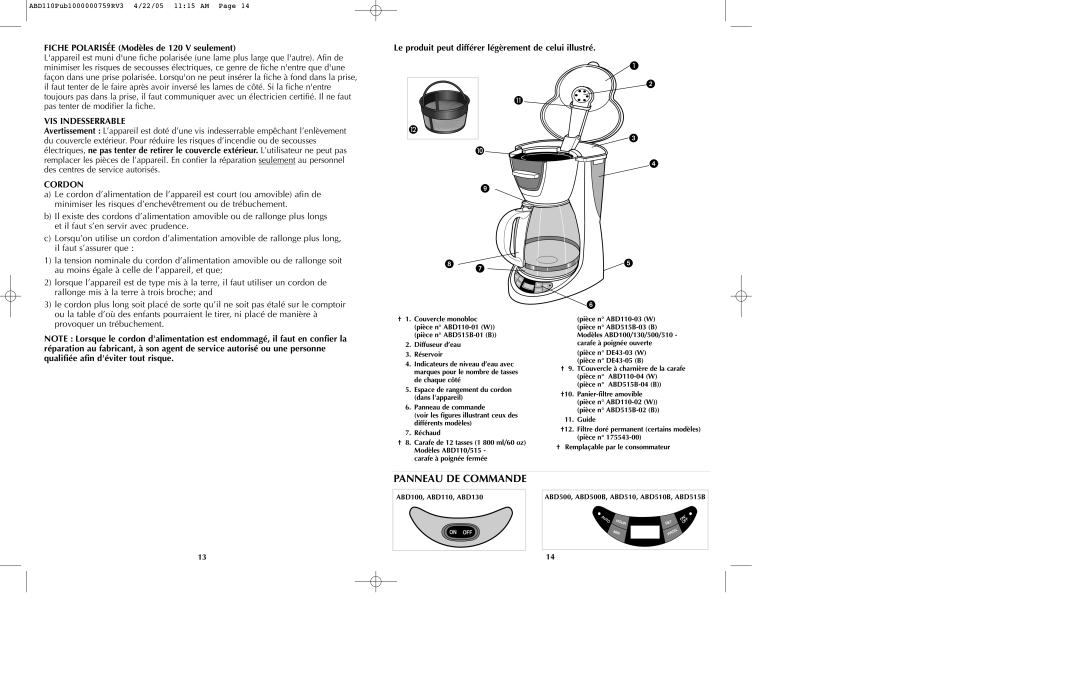 Black & Decker ABD100 manual Panneau DE Commande, Fiche Polarisée Modèles de 120 V seulement, VIS Indesserrable, Cordon 