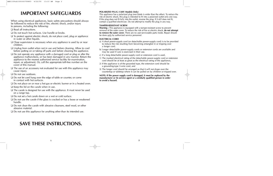 Black & Decker ABD100 manual Important Safeguards, Save These Instructions 