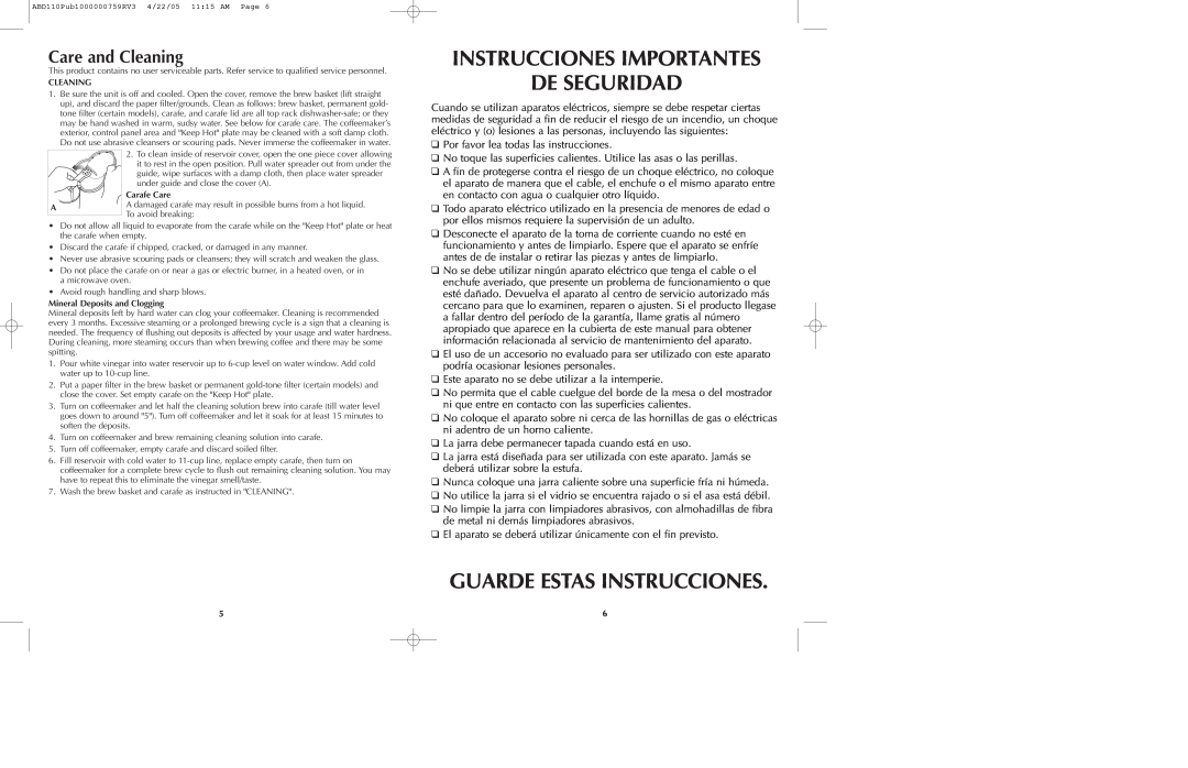 Black & Decker ABD100 manual Instrucciones Importantes De Seguridad, Guarde Estas Instrucciones, Care and Cleaning 