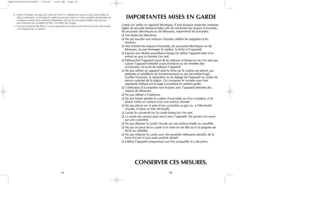 Black & Decker ABD100 manual Importantes Mises En Garde, Conserver Ces Mesures 