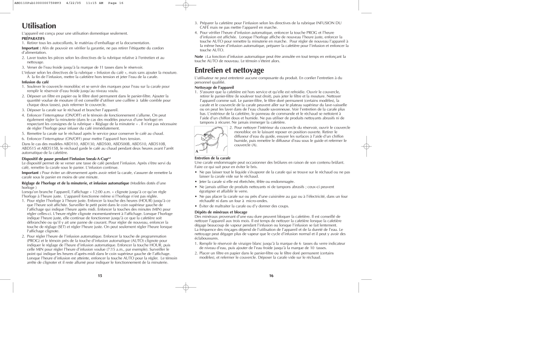Black & Decker ABD100 manual Utilisation, Entretien et nettoyage, Préparatifs, Infusion du café, Nettoyage de l’appareil 