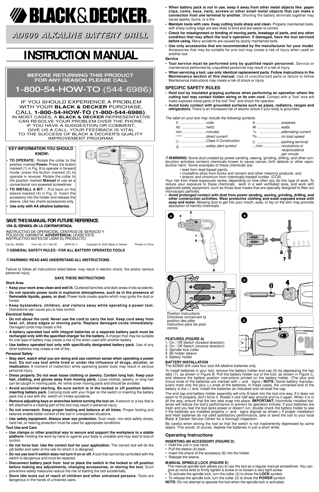 Black & Decker 611196-00, AD600 instruction manual Operating Instructions 