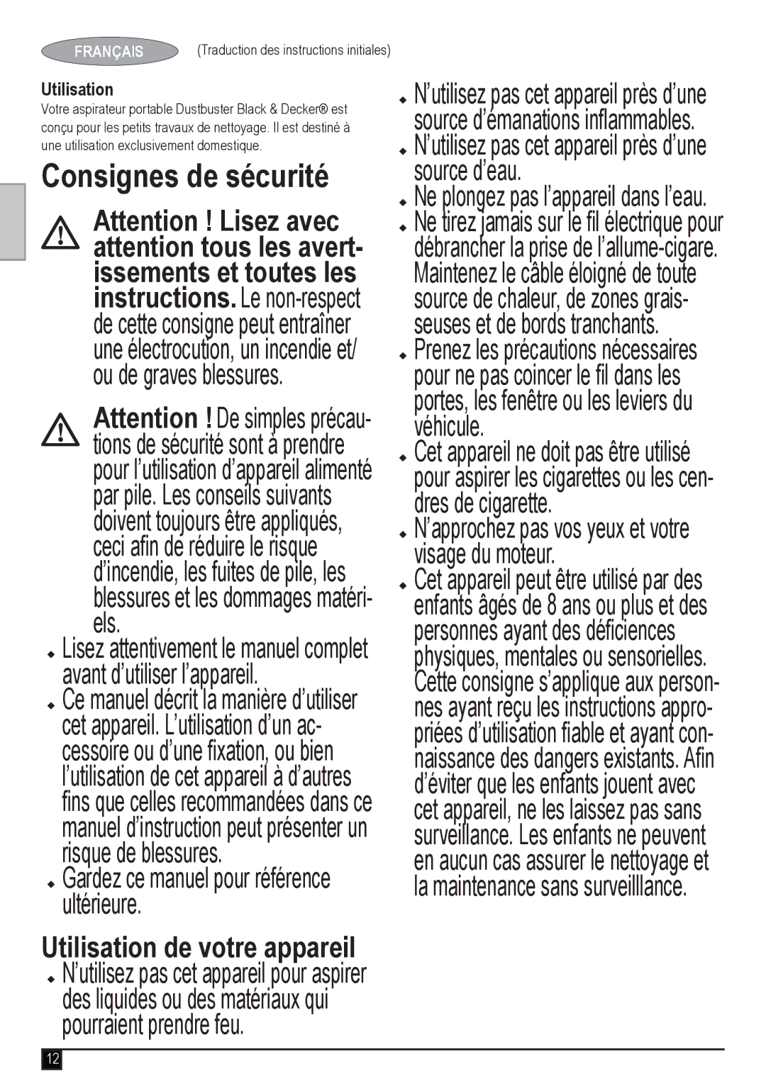 Black & Decker ADV1220 manual Consignes de sécurité, Gardez ce manuel pour référence ultérieure, Pourraient prendre feu 