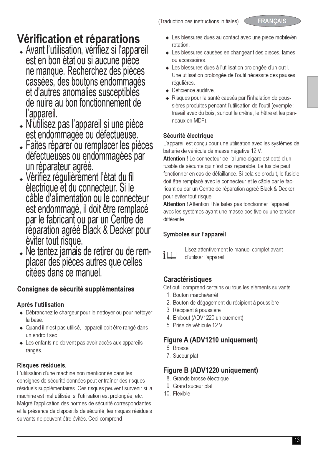 Black & Decker ADV1220 manual Vérification et réparations, Consignes de sécurité supplémentaires, Caractéristiques 