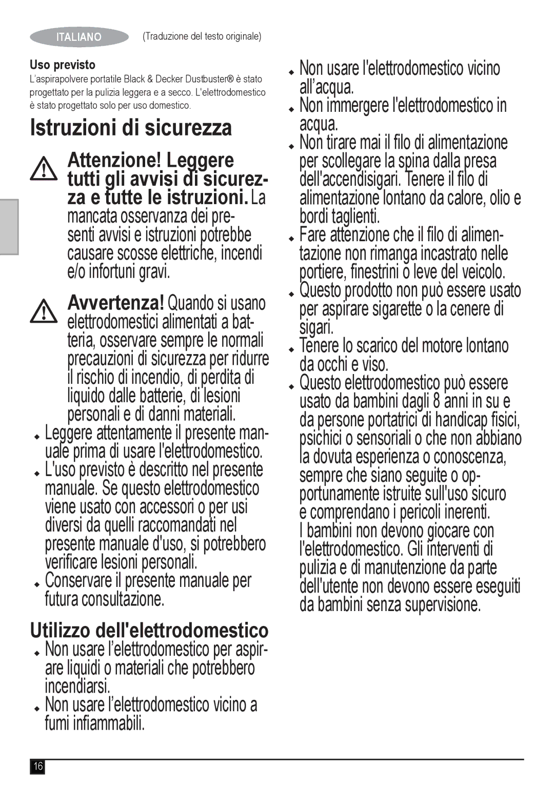 Black & Decker ADV1220 manual Istruzioni di sicurezza, Incendiarsi, Uso previsto 