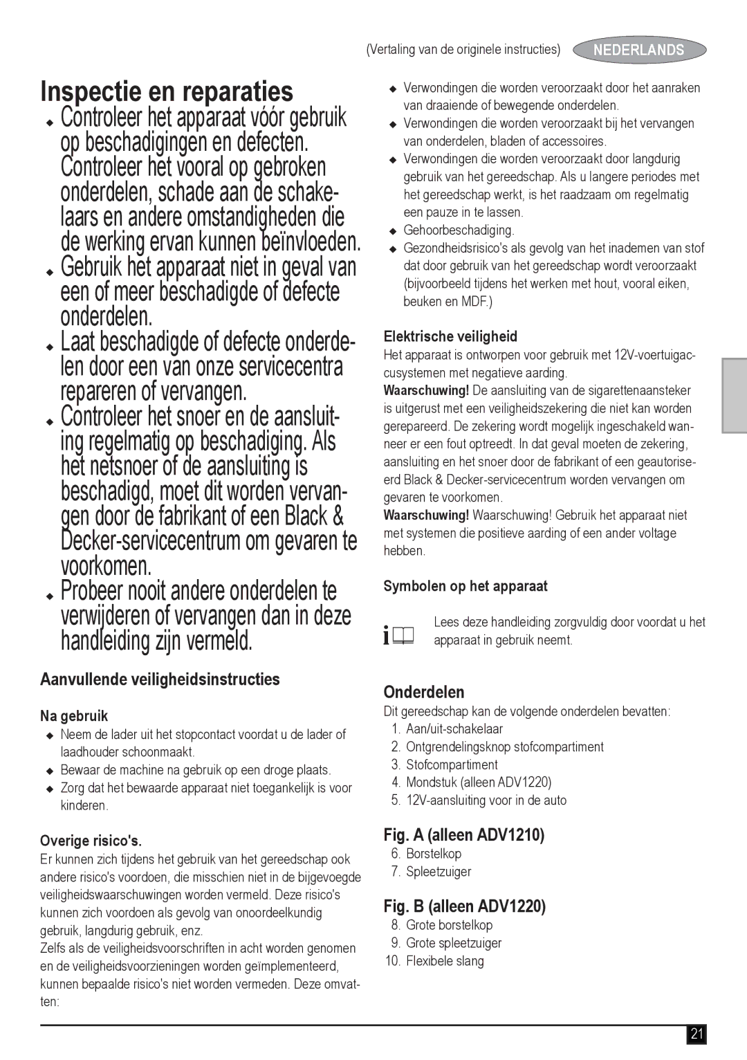 Black & Decker ADV1220 manual Inspectie en reparaties, Aanvullende veiligheidsinstructies, Onderdelen 