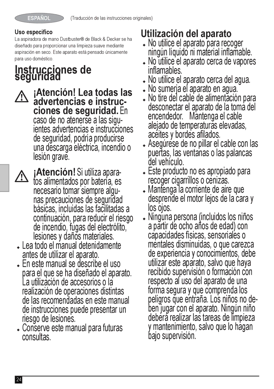 Black & Decker ADV1220 Instrucciones de seguridad, Conserve este manual para futuras consultas, Utilización del aparato 