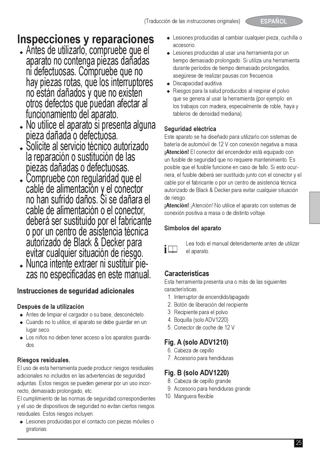 Black & Decker ADV1220 manual Funcionamiento del aparato, Instrucciones de seguridad adicionales, Características 