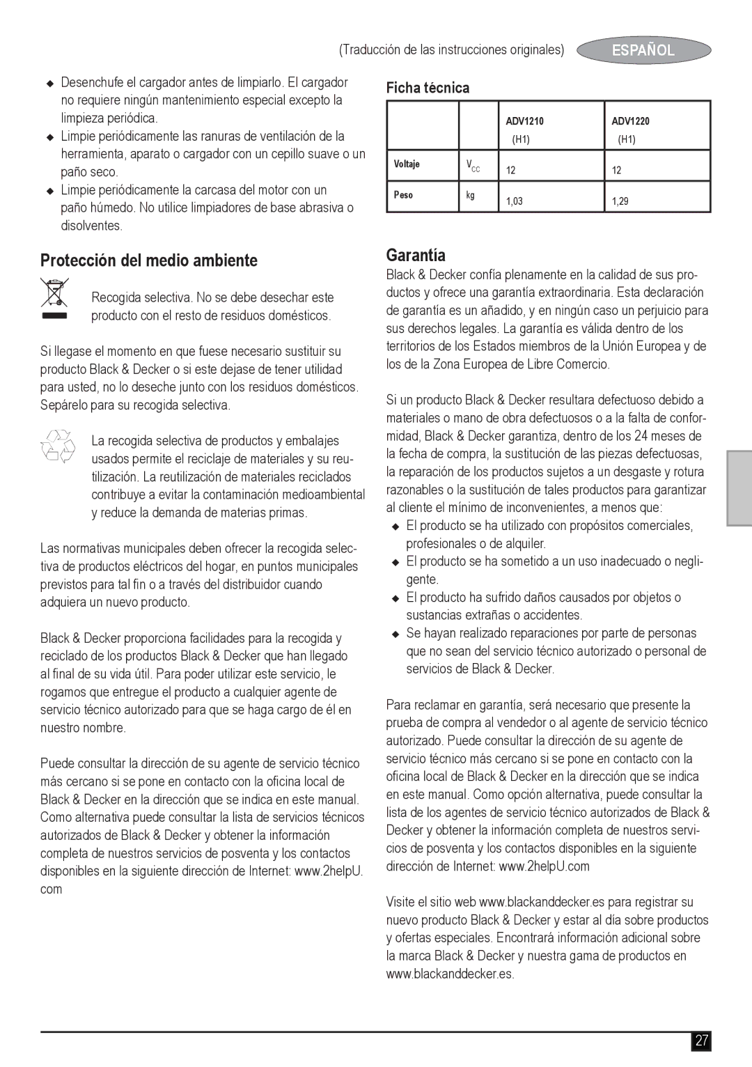 Black & Decker ADV1220 manual Garantía, Ficha técnica 