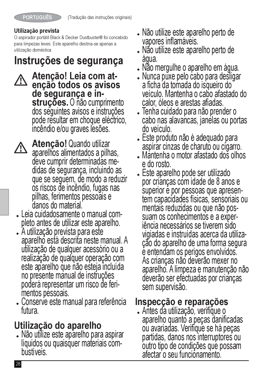 Black & Decker ADV1220 Instruções de segurança, Conserve este manual para referência futura, Utilização do aparelho 